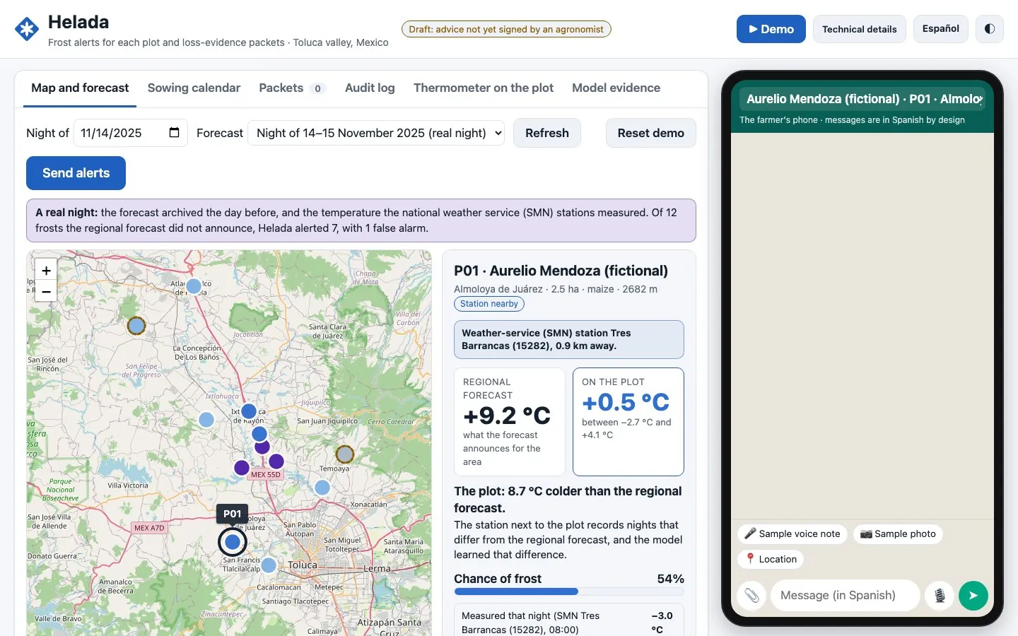 Demo de Helada: mapa de parcelas del valle de Toluca, el pronóstico regional frente a la temperatura estimada en la parcela, y el teléfono del productor con el chat de WhatsApp.
